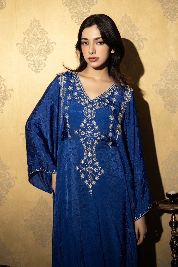 Royal Blue Flower Embroidered Kaftan