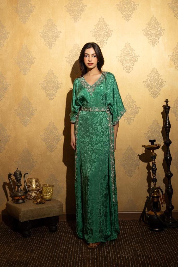 Hand-embroidered emerald kaftan