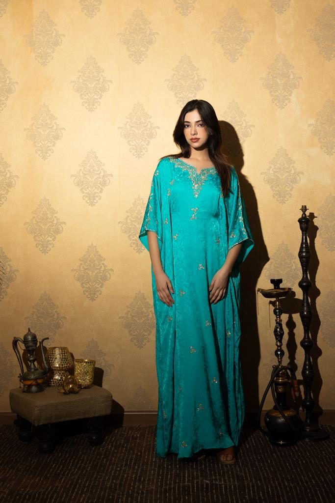 Hand-embroidered turquoise kaftan
